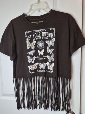 Inspire Women's Brown Fringe Butterfly Tee with White‎ Graphic Size L